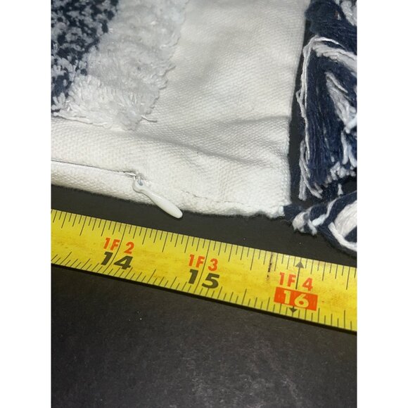 Cotton Pillow Cover Pom Tassels 16x18 White & Navy Stripes Zipper Boho Decor - Picture 4 of 9
